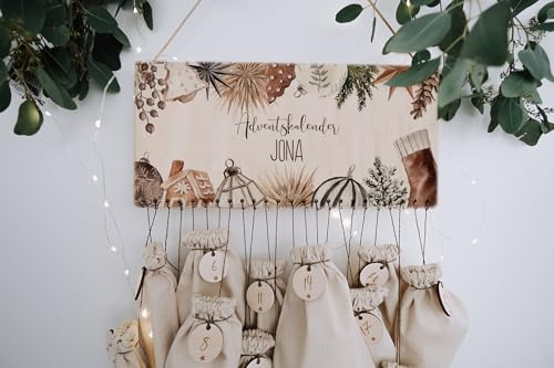 Holzschild-Adventskalender personalisiert mit Weihnachtlichen Ornamenten für Kinder, DIY Weihnachtskalender mit Jutesäckchen & Holzzahlen (Holzschild inkl. Lederband)