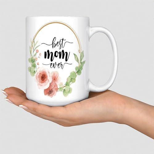 Tazza da tè con scritta Best Mom Ever, 425,2 g, bella ghirlanda verde, simpatica tazza da caffè regalo per amici per donne colleghe in ceramica bianca