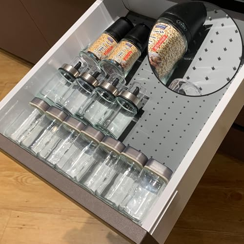 Gosmol Spice Drawer Organizer Insert - Silicone Spice Drawer Liner Grey | Adjustable non-slip silicone liner organizer; drawer spice organizer for seasoning jars, spice bottles drawer flat spice rack