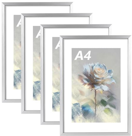 CYEER Lot de 4 cadres photo A4 argentés - 21 x 30 cm - Cadre photo A4 - Passe-partout - Cadre photo A4 - Cadre photo pour mur, cadre A4 pour photos, affiches, puzzles