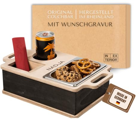 INEXTERIOR – Couchbar Couchi handgefertigt aus Holz in Schwarz mit Wunschgravur – Eckige Snack Box mit Edelstahl Snackschale, Organizer und Flaschenhalter - Couchbutler Couchorganizer Tablett