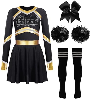 TiaoBug Mädchen Langarm Cheerleading Kleid Metallic Streifen Tanzkleider Glitzer Buchstaben T-Shirt und Faltenrock mit Kniestrümpfe und Pompons Schleife Haargummi