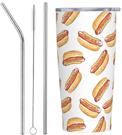 VOSERY Botella de agua de 20 onzas con tapa y popote, diseño de perro caliente de dibujos animados, vaso aislado blanco de acero inoxidable, taza de café de viaje, vaso personalizado