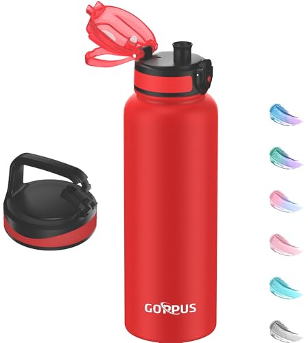 GOPPUS Bottiglia d'acqua in acciaio inox da 1,2 l a doppia parete con cinghia, grande borraccia termica sottovuoto a prova di perdite, mantiene le bevande fredde con coperchio a patta per uomo e