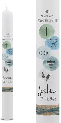 VILLA ROSA LOTTA – Personalisierbare Kommunionkerze Joshua mit Wunschdaten und Rückseite | christliche Symbole | 40 cm x 4 cm | für Jungen und Mädchen | Motto 2025
