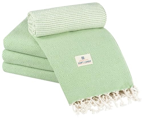 American Soft Linen Turkish Peshtemal Beach Towels, 40 x 70 Size 4 Pack Swim Towels for Beach and Pool Towels, Green Border