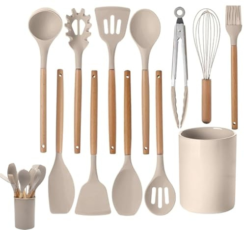 Set di 12 utensili da cucina in silicone con manici in legno, resistenti al calore, set di strumenti da cucina antiaderenti con pinze, spatola, cucchiai e supporto, lavabili in lavastoviglie, migliori