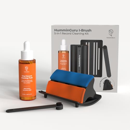 HumminGuru I-Brush-Kit di Pulizia per Dischi in Vinile,Antistatico,con Doppio Panno in Velluto,Spazzola per Dischi in Vinile, Soluzione per la Pulizia dei Dischi Senza Alcool+Portaspazzole LP (5 IN 1)