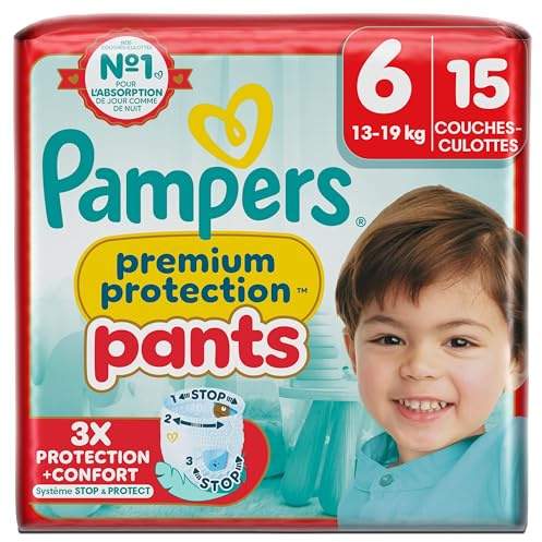Pampers Premium Protection Pants Taille 6, 15 Couches-Culottes, 13kg-19kg, Avec un Maintien 360° et des Barrières Anti-fuites Douces 2 fois plus larges qu’avant pour Confort et Protection