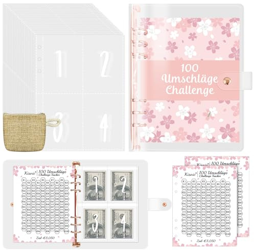 Kisvic Sparbuch für Geld Challenge, 100 Umschläge Challenge Deutsch, A5 Ringbuch Sparen Organizer Geld mit Mini Geldbeutel, Budgetplaner Geld Sparen Mappe für 5050 Euro