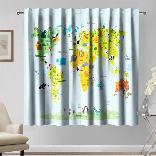 Kzzfqxb Cortinas con diseño de mapas de 132x214cm 2 Paneles, con diseño de Animales del Mapa del Mundo, Decoración Infantil para Dormitorio niños niñas Adolescentes guardería Sala de Estudio