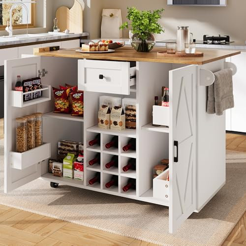 Wyibwy Carro de cocina 118 (137,5) x 40 (65) x 95,6 cm, isla de cocina con encimera plegable, carrito de comedor de madera con estante para aperitivos, mesa de comedor con espacio de almacenamiento