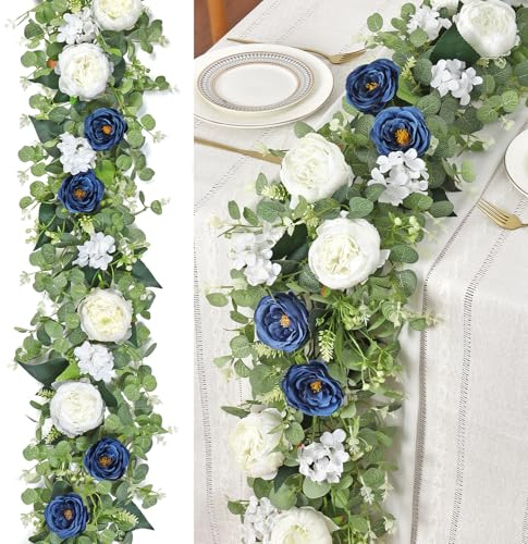 Betylifoy Eukalyptus Girlande 2 Stück Künstliche Blumengirlande 190CM Kunstblumen Hängend Eucalyptus Deko mit Pfingstrosen Eukalyptus Grüngirlande für Haus Party Hochzeit (Blau und Weiß)