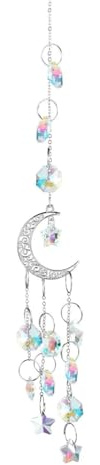 Crystal Moon Suncatchers, Light Catcher Prism for Window, Natural Healing Stones, Wind Chimes Sun Catcher, Rainbow Maker(Silver)