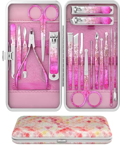 OFIDUS Set di tagliaunghie per dita e piedi, set professionale per manicure e pedicure, 18 pezzi, strumenti per la cura delle unghie con custodia da viaggio di lusso (diamante rosa)