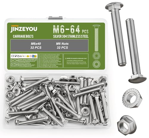 64 tornillos de cerradura M6 x 40 mm, acero inoxidable con tuercas hexagonales, tornillos de cabeza redonda plana con cuello cuadrado, tornillos de cabeza redonda plana con tuercas (M6)