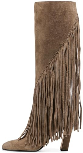 Lovee Cosee Brown Suede Knee High Boots for Women 2025 Tassels Heeled Boots for Women Chunky Block Heel Square Toe Fall Tall Urban Street Style Fashion Trendy Boho Style Size 7