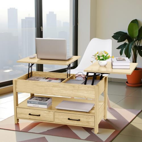 H.J WeDoo Höhenverstellbar Couchtisch, Beistelltisch mit Verstecktem Staufach und Schublade, Hebeplatte Kaffeetisch für Büro, Eiche