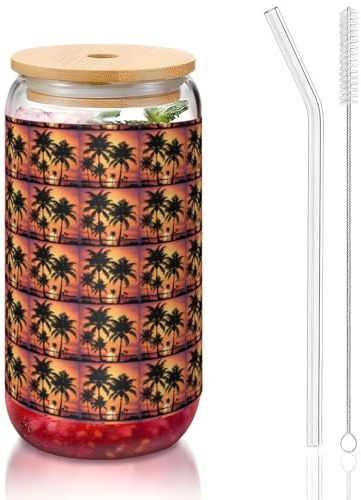 YBGHDAA 1 vaso con tapa y pajita, diseño de palmera, ideal para whisky, cerveza, té