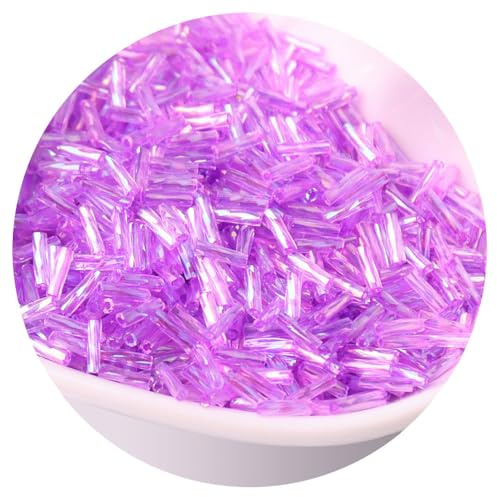 Confezione da 2 piccole perline in vetro intrecciato a forma di tubo di vetro iridescente, 2 x 6 mm, per artigianato, perline, portachiavi, circa 720 pezzi, viola