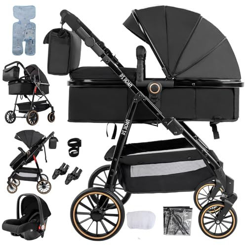 Prokoke 3 i 1 babyvagn, 3-delad barnvagn med vändbar tvåvägs barnvagn, tredelad barnvagn med aluminiumlegeringsram, tre-i-1 nyfödd bil (V8 svart)