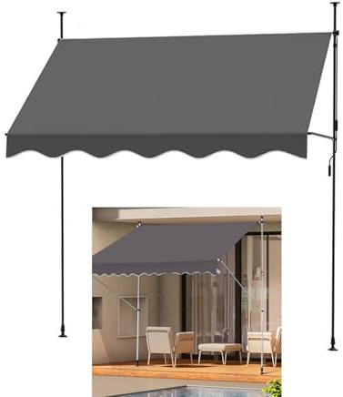 Infällbar uteplatsmarkis 250 x 120 cm ingen borr baldakin med handvev, grå utomhusmarkis för trädgård, balkong, terrass, däck, enkel installation, väderbeständig