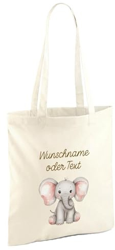 Elefantasie Personalisierte Baumwoll-Stofftasche mit Namen, Dschungeltiere, 100% Baumwolle, Natur, 37x42 cm oder 26x32 cm, für Kinder und Erwachsene