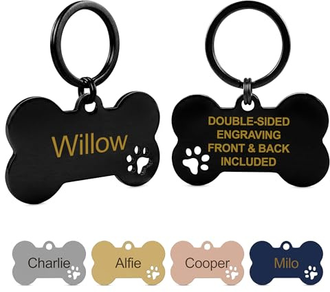 Engraved Personalised Stainless Steel Dog ID Tag, Bone Shaped with Paw Cutout, Available in 5 Colours and 2 Sizes - Black, Small (40mm)