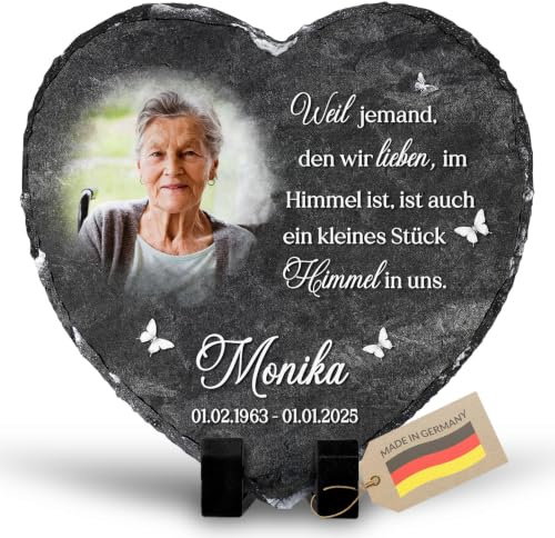 22Feels Personalisierte Schiefertafel Herz für Trauernde & Angehörige – Geschenk zur Trauer, Beerdigung & Erinnerung – Naturschiefer, Anthrazit mit Foto & Spruch Grabdeko Grabplatte