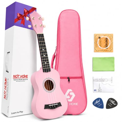 Sopran-Ukulele, Anfänger-Set, 53,3 cm, Lindenholz, Starter-Set mit Gigbag, digitalem Stimmgerät, Ersatzsaiten und Plektren (Rosa)