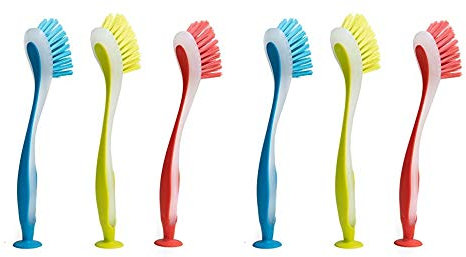 Klickpick Home Dish Scrubber Brushes Assorted Colors Dish Washing Brush with Soft Long Handle Scrubbing Brushes with Suction Cup Multiple Use Cleaning Scrub Brush,Set of 6- Pink,Green,Blue