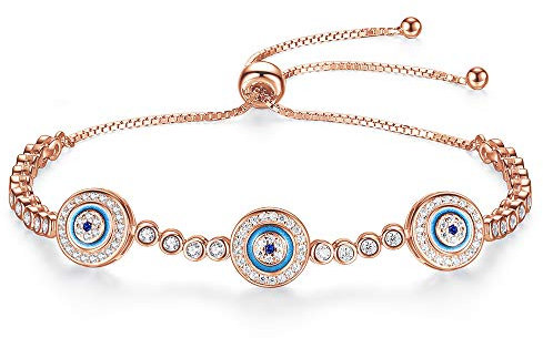 Blue Evil Eyes Tennis Bracelet Sterling Silver 925 Cubic Zirconia Chain Adjustable 5-10 (Rose Gold)