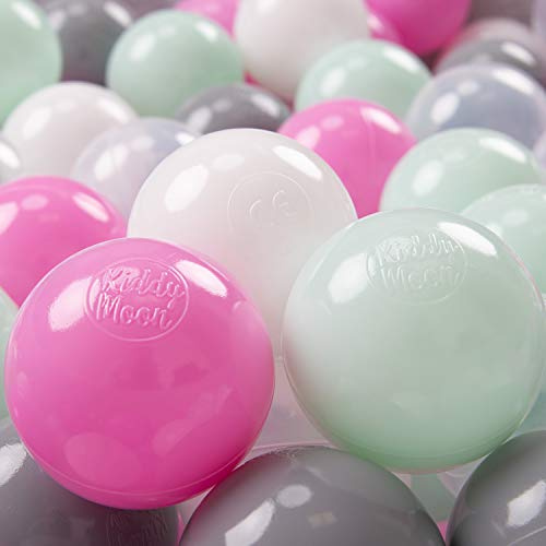 KiddyMoon 100 ∅ 7Cm Kinder Bälle Spielbälle Für Bällebad Baby Plastikbälle Made In EU, Transparent/Grau/Weiß/Rosa/Minze