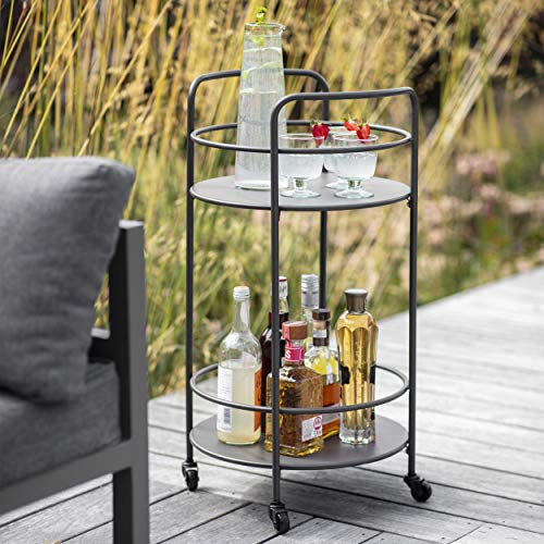 CKB LTD Runder Getränkewagen aus pulverbeschichtetem Stahl, mattes Finish, Metall, Küche, Innen- und Außenbereich, Getränkewagen, Garten, Servierwagen mit 4 Rädern, 79 x 42 x 40 cm (Carbon)
