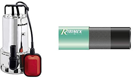 Einhell Pompe d’évacuation pour eaux chargées GC-DP 1020 N (1000 W, Profondeur d'immersion 5 m, Câble d‘alimentation 10 m) & Ribiland 04296 Tuyau de Refoulement Plat Vert 20 m Diamètre 38 mm