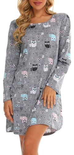 MIA LUCCE Camisa de noche de manga larga para mujer con estampado de dibujos animados lindo, ropa de dormir suave para vestido de relajación, Búho gris., XL