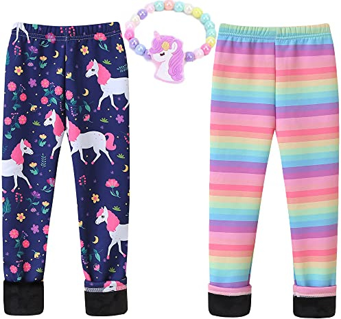 MZSYLK Fleecefodrade leggings set för flickor tjocka termobyxor bomull färgglada vinter varma blommiga tryck, Enhörning + regnbåge, 9-10 anni