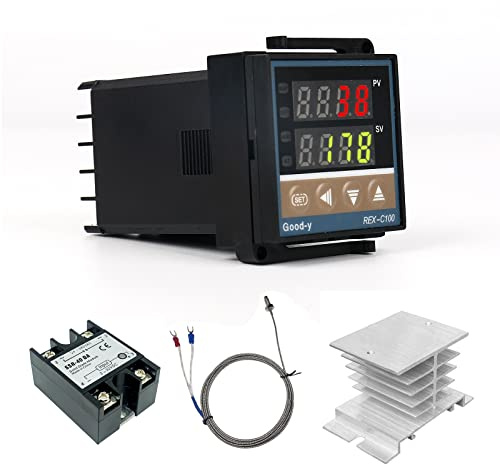 REX-C100 Digital Temperaturregler, PID Regler Thermostat mit K E J PT100 Sensoreingangsrelais, 0-1300 ℃ Thermostat Kontrolle mit SSR Ausgang Kühlkörper, Temperaturwächter Heizung Thermometer