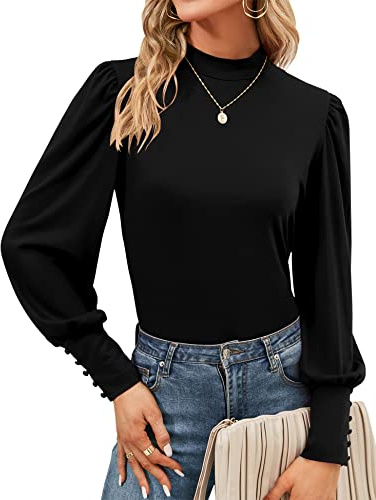 Qirno Womens Mock Neck Long Sleeve Tops Business Causal Bishop Sleeve Solid Basic T Shirt Loose Pullovers Blouse Black XXLarge