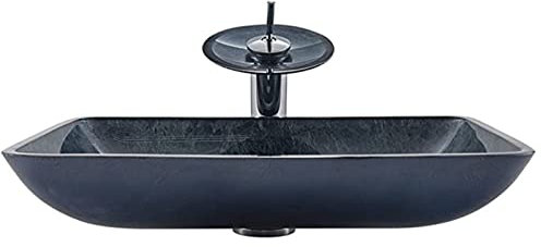 ZTGL Lavandino in Vetro Temperato, Rettangolare Lavabo da Appoggio ​in Vetro Temperato Gradiente Grigio Blu Lavabo da Bagno Set con Rubinetto a Cascata e Set di Scarico dell'Acqua
