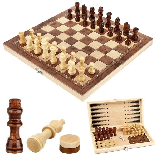 Schachspiel, 3 in 1 Schachbrett Holz Hochwertig Schach Dame Backgammon, Tragbares und Faltbares Chess Board Set, Schachspiel Klappbar für Kinder Erwachsene Party Reisen - 29x29cm