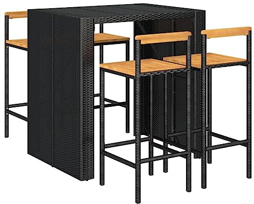 vidaXL Gartenbar Set 5-TLG., Gartenmöbel Bartisch 4 Barstühle, Stehtisch Barhocker für Garten, Sitzgruppe Gartenset, Schwarz Poly Rattan Massivholz Akazie