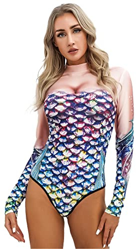 dPois Damen Meerjungfrau Badeanzug Langarm Schwimmanzug mit 3D Fischschuppe Druck UV-Schutz Sommer Bademode Badebekleidung für Schwimmen Surfen