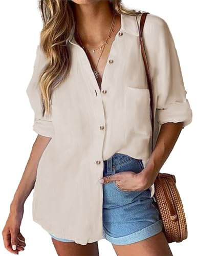 HOTOUCH Womens Cotton Shirts Casual Long Sleeve V Neck Blouse Shirt Button Down Ladies Office Work Loose Shirts Blouses Beige XL