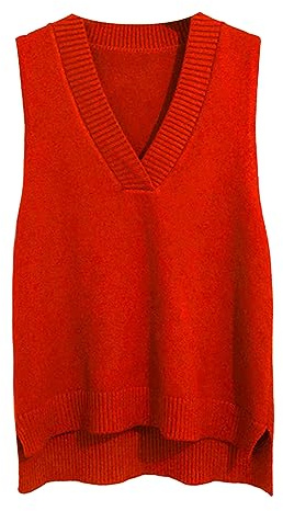 Dawwoti Frauen V Neck Pullover Weste Ärmellose Jumper Sweatshirt Layered Stricken Gilets Weste Top (as3, Alpha, one_Size, Regular, Regular, Rot)