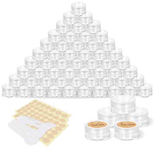 60 Stück 5g Döschen, Transparent Cremedose Leer Tiegel, Transparent Kosmetik Dosen Set für Lotion Creme (3 Etikettenaufkleber und 6 Mini-Spatel)
