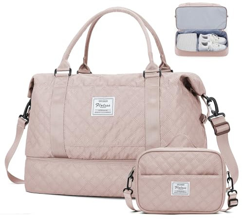 Weekender Taschen für Damen, Handgepäcktasche, Reisetasche mit Schuhfach und Trolleyhülle, A-Pink mit Schuhfach, Set (Reisetasche + Kulturbeutel)