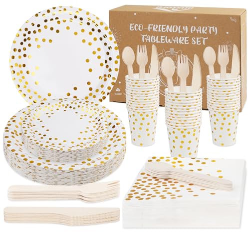 Anstore 200 Assiettes en Carton Blanc Or Party Vaisselle Réutilisables,Plateaux en Carton pour 25 Invités avec Assiette Cuillère Fourchette Couteau Gobelet Serviettes Papier pour Anniversaire,Mariage