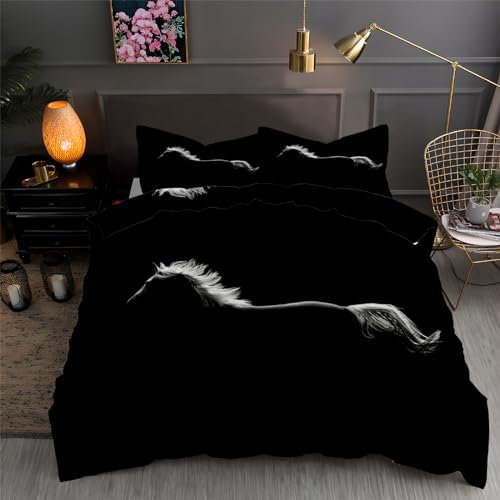 Bettwäsche Set Bettbezug 140x200 Weich Bequem Atmungsaktiv Hypoallergen Mikrofaser Bettbezüge und 2 Kissenbezug, für Teenager-Schlafzimmer-Dekor（Dunkles Pferd