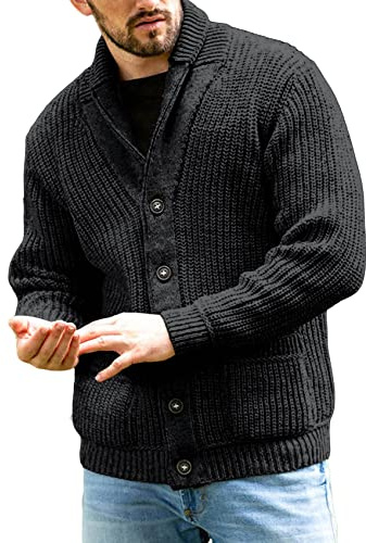 Runcati Strickjacke Herren Grobstrick Cardigan Lässig Schalkragen Langarm Knopfleiste Strickpullover Tops